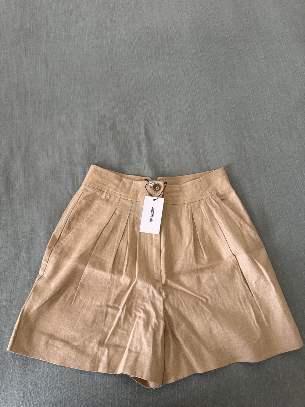 High-Rise Tan Pleated Linen Blend Women’s Shorts